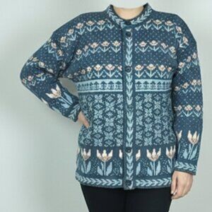 Hand-Knit Heirloom Floral Knit Cardigan Blue Tulips - Made in Canada Size M/L